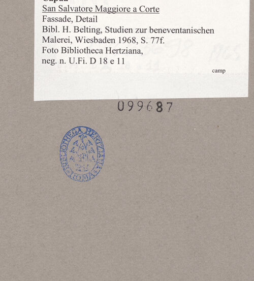 Rückseite von Bibliotheca Hertziana [https://www.deutsche-digitale-bibliothek.de/content/lizenzen/rv-fz/] San Salvatore Maggiore a CorteHauptfassade - Fassade, Arkade, Detail, bh099687_recto. Foto.