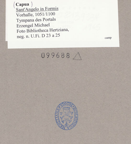 Rückseite von Bibliotheca Hertziana [https://www.deutsche-digitale-bibliothek.de/content/lizenzen/rv-fz/] PortalUntere Lünette: Erzengel Michael als Halbfigur - Erzengel Michael, Detail, bh099688_recto. Foto.