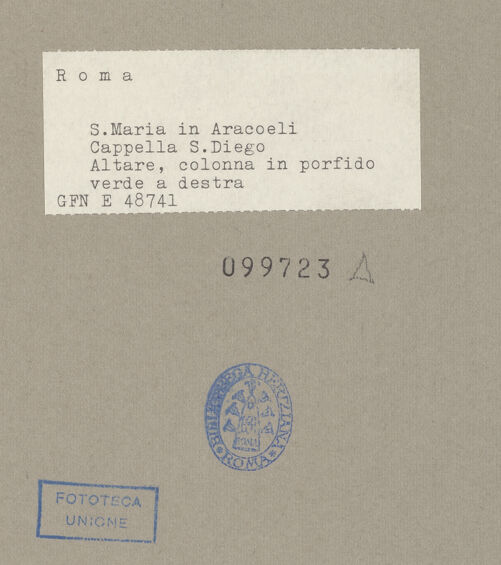 Rückseite von ICCD [https://www.deutsche-digitale-bibliothek.de/content/lizenzen/rv-ez/] Santa Maria in AracoeliCappella di San Diego - Westwand, Altar, Detail: linke Säule und Engel, bh099723_recto. Foto.