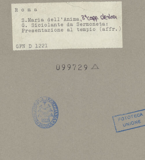 Rückseite von ICCD [https://www.deutsche-digitale-bibliothek.de/content/lizenzen/rv-ez/] MarienzyklusDarbringung Christi im Tempel - , bh099729_recto. Foto.