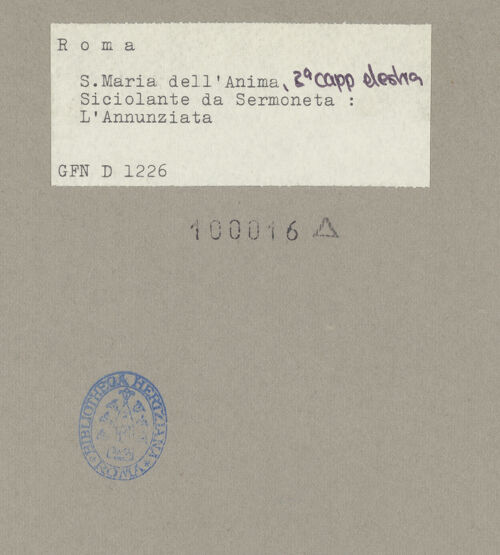 Rückseite von ICCD [https://www.deutsche-digitale-bibliothek.de/content/lizenzen/rv-ez/] MarienzyklusDie Verkündigung - Maria, eine Sibylle, Putten, bh100016_recto. Foto.