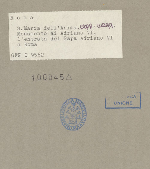 Rückseite von ICCD [https://www.deutsche-digitale-bibliothek.de/content/lizenzen/rv-ez/] Grabmal für Papst Hadrian VI.Der Einzug Papst Hadrians VI. nach Rom - Gesamtansicht, bh100045_recto. Foto.