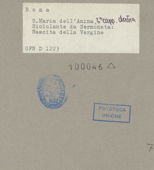 Rückseite von ICCD [https://www.deutsche-digitale-bibliothek.de/content/lizenzen/rv-ez/] MarienzyklusGeburt Mariens - , bh100046_recto. Foto.