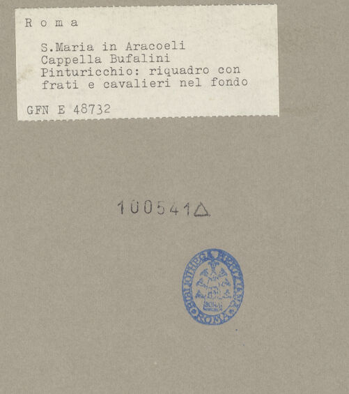 Rückseite von ICCD [https://www.deutsche-digitale-bibliothek.de/content/lizenzen/rv-ez/] Szenen aus dem Leben des heiligen Bernhardin von SienaEin Franziskanermönch berichtet anderen aus dem Leben des heiligen Bernhardin von Siena - Gesamtansicht, bh100541_recto. Foto.