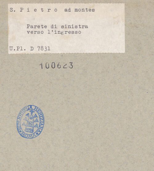 Rückseite von Bibliotheca Hertziana [https://www.deutsche-digitale-bibliothek.de/content/lizenzen/rv-fz/] San Pietro ad Montes - Mittelschiff, Nordwand und Nordarkade, Detail, bh100623_recto. Foto.