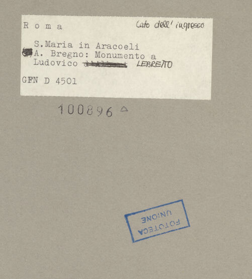 Rückseite von ICCD [https://www.deutsche-digitale-bibliothek.de/content/lizenzen/rv-ez/] Grabmal des Kardinals Louis d'Albret (auch: Ludovico de Lebretto, +1465) - Teilansicht, bh100896_recto. Foto.