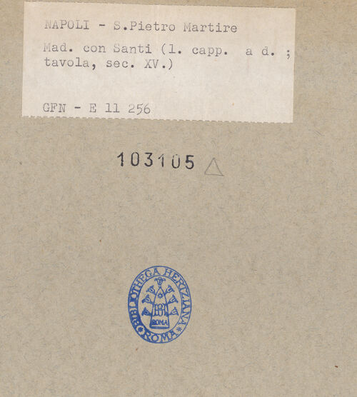 Rückseite von ICCD [https://www.deutsche-digitale-bibliothek.de/content/lizenzen/rv-ez/] Madonna zwischen Heiligen, Verkündigung und Marienkrönung - Gesamtansicht, bh103105_recto. Foto.