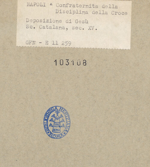 Rückseite von ICCD [https://www.deutsche-digitale-bibliothek.de/content/lizenzen/rv-ez/] Die Kreuzabnahme; die Aufbrechung der Vorhölle - Gesamtansicht (vor der Restaurierung), bh103108_recto. Foto.