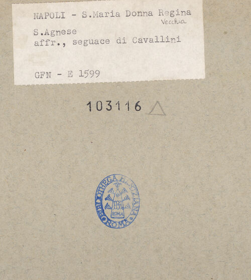 Rückseite von ICCD [https://www.deutsche-digitale-bibliothek.de/content/lizenzen/rv-ez/] Szenen aus dem Leben der heiligen AgnesAgnes erscheint der Costantia - Detail, kniende Prinzessin, bh103116_recto. Foto.