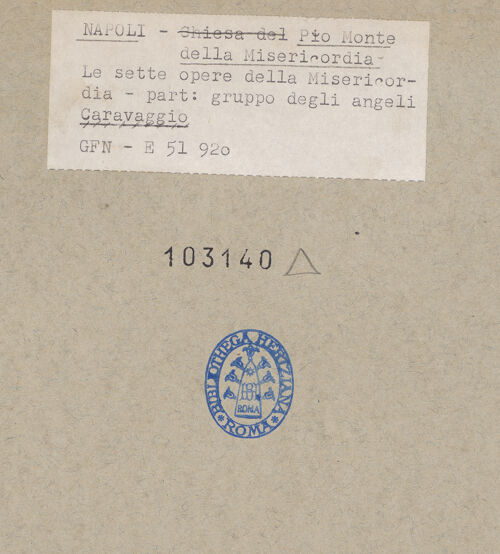 Rückseite von ICCD [https://www.deutsche-digitale-bibliothek.de/content/lizenzen/rv-ez/] Die sieben Werke der Barmherzigkeit - Oberes Teil: Madonna und Engel, bh103140_recto. Foto.