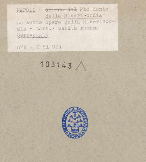 Rückseite von ICCD [https://www.deutsche-digitale-bibliothek.de/content/lizenzen/rv-ez/] Die sieben Werke der Barmherzigkeit - Detail: Caritas romana, bh103143_recto. Foto.