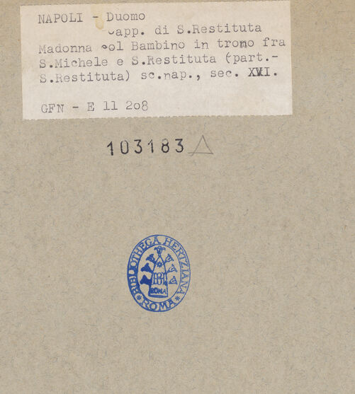 Rückseite von ICCD [https://www.deutsche-digitale-bibliothek.de/content/lizenzen/rv-ez/] Madonna mit der heiligen Restituta und dem Erzengel Michael - Detail: Restituta, bh103183_recto. Foto.