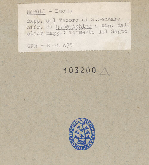 Rückseite von ICCD [https://www.deutsche-digitale-bibliothek.de/content/lizenzen/rv-ez/] Szenen aus dem Leben des Heiligen JanuariusMartyrium des heiligen Januarius - Gesamtansicht (vor der Restaurierung), bh103200_recto. Foto.