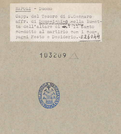 Rückseite von ICCD [https://www.deutsche-digitale-bibliothek.de/content/lizenzen/rv-ez/] Szenen aus dem Leben des Heiligen JanuariusDie Überführung des heiligen Januarius und seiner Gefährten zu ihren Martyrium - Gesamtansicht (vor der Restaurierung), bh103209_recto. Foto.