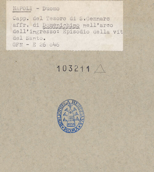 Rückseite von ICCD [https://www.deutsche-digitale-bibliothek.de/content/lizenzen/rv-ez/] Szenen aus dem Leben des Heiligen JanuariusEusebia sammelt das Blut des heiligen Januarius in zwei Blutgefäße - Gesamtansicht (vor der Restaurierung), bh103211_recto. Foto.