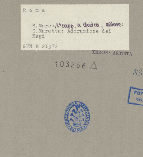 Rückseite von ICCD (GFN) [https://www.deutsche-digitale-bibliothek.de/content/lizenzen/rv-fz/] Anbetung der Könige - Gesamtansicht (mit Rahmen), bh103266_recto. Foto.