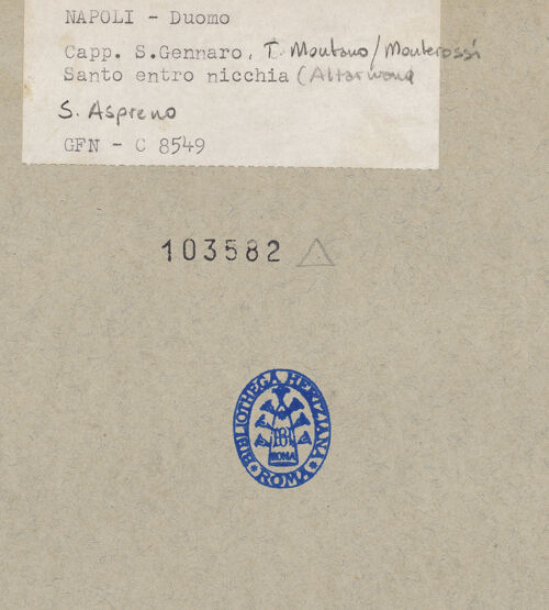 Rückseite von ICCD [https://www.deutsche-digitale-bibliothek.de/content/lizenzen/rv-ez/] HeiligenfigurenDer heilige Asprenus von Neapel - Gesamtansicht, bh103582_recto. Foto.