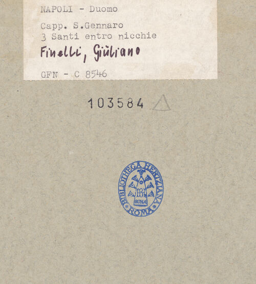 Rückseite von ICCD [https://www.deutsche-digitale-bibliothek.de/content/lizenzen/rv-ez/] Heiligenfiguren - Hauptkapelle, Linke Seite: Heiligen Thomas von Aquin, Agnellus und Athanasius, bh103584_recto. Foto.