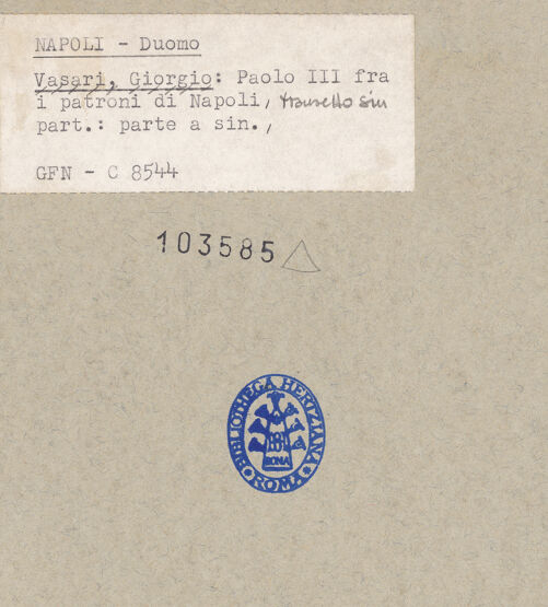 Rückseite von ICCD [https://www.deutsche-digitale-bibliothek.de/content/lizenzen/rv-ez/] Die Schutzheiligen von Neapel - Linke Seite, bh103585_recto. Foto.