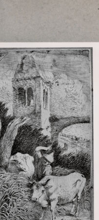 Rückseite von  [http://creativecommons.org/publicdomain/mark/1.0/] Hirte mit zwei Kühen vor einem Turm - , bh104586. Foto.