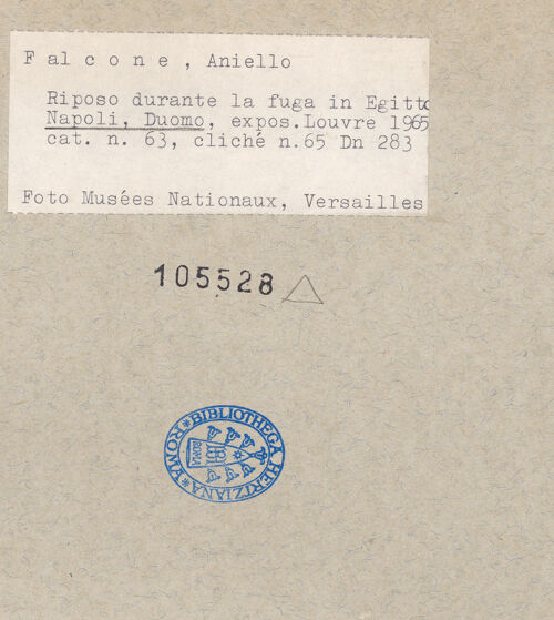 Rückseite von Musée Nationaux, Versailles [https://www.deutsche-digitale-bibliothek.de/content/lizenzen/rv-ez/] Ruhe auf der Flucht nach Ägypten - Gesamtansicht, bh105528_recto. Foto.