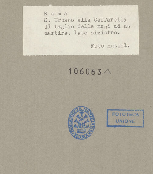 Rückseite von Hutzel, Max [https://rightsstatements.org/page/CNE/1.0/] Szenen aus dem Leben und der Passion Christi, verschiedene Märtyrer und Szenen aus der Vita der Heiligen Urban und CaeciliaMärtyerszenen - Einem Märtyrer werden die Hände abgeschlagen, bh106063_recto. Foto: Hutzel, Max.