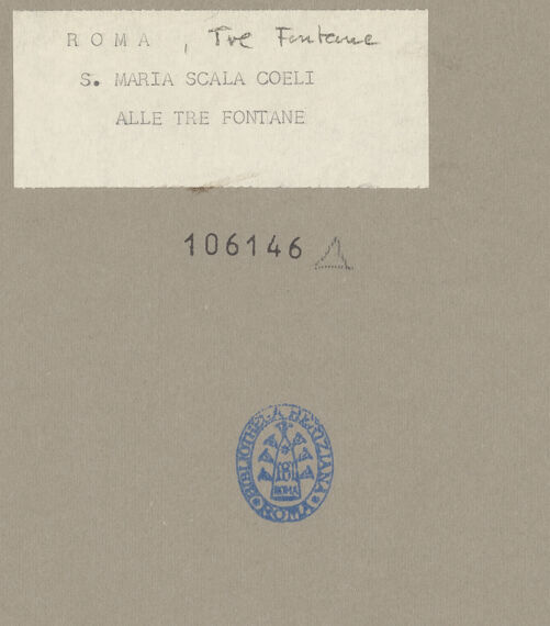 Rückseite von Bibliotheca Hertziana? [https://www.deutsche-digitale-bibliothek.de/content/lizenzen/rv-fz/] Abbazia delle Tre Fontane - Gesamtansicht aus Nordwesten, bh106146_recto. Foto.