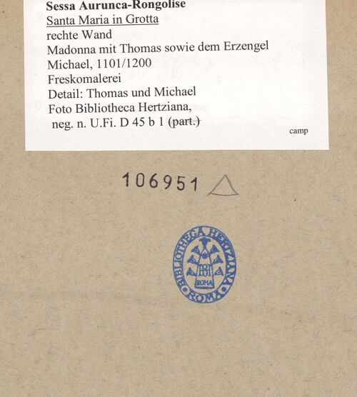Rückseite von Bibliotheca Hertziana [https://www.deutsche-digitale-bibliothek.de/content/lizenzen/rv-fz/] Madonna mit Thomas sowie dem Erzengel Michael - Detail: Thomas und Michael, bh106951_recto. Foto.