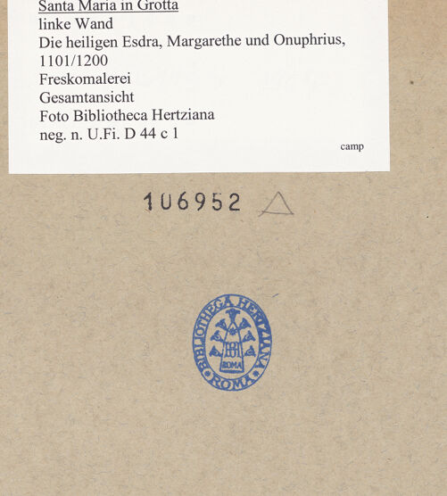 Rückseite von Bibliotheca Hertziana [https://www.deutsche-digitale-bibliothek.de/content/lizenzen/rv-fz/] Die Heiligen Esdra, Margarethe und Onuphrius - Gesamtansicht, bh106952_recto. Foto.