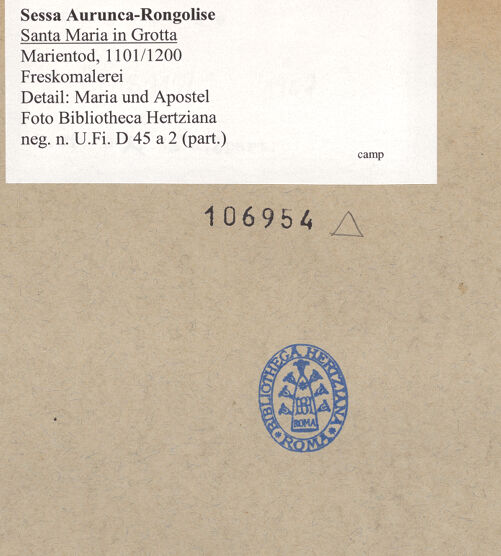 Rückseite von Bibliotheca Hertziana [https://www.deutsche-digitale-bibliothek.de/content/lizenzen/rv-fz/] Marientod - Detail: Maria, Christus und Apostel, bh106954_recto. Foto.