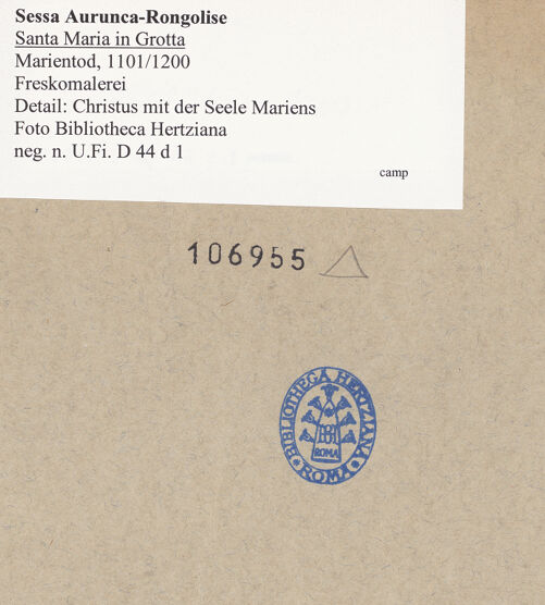 Rückseite von Bibliotheca Hertziana [https://www.deutsche-digitale-bibliothek.de/content/lizenzen/rv-fz/] Marientod - Detail: Christus mit der Seele Mariens, bh106955_recto. Foto.