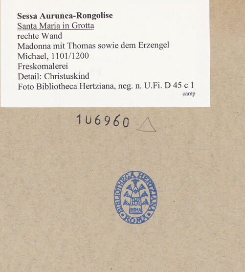 Rückseite von Bibliotheca Hertziana [https://www.deutsche-digitale-bibliothek.de/content/lizenzen/rv-fz/] Madonna mit Thomas sowie dem Erzengel MichaelTheotokos - Detail: Christuskind, bh106960_recto. Foto.