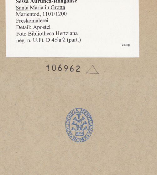 Rückseite von Bibliotheca Hertziana [https://www.deutsche-digitale-bibliothek.de/content/lizenzen/rv-fz/] Marientod - Detail: Apostel Petrus, bh106962_recto. Foto.