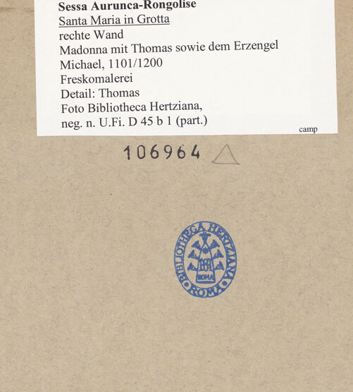 Rückseite von Bibliotheca Hertziana [https://www.deutsche-digitale-bibliothek.de/content/lizenzen/rv-fz/] Madonna mit Thomas sowie dem Erzengel MichaelHeiliger Thomas - Detail: Oberkörper, bh106964_recto. Foto.