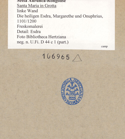 Rückseite von Bibliotheca Hertziana [https://www.deutsche-digitale-bibliothek.de/content/lizenzen/rv-fz/] Die Heiligen Esdra, Margarethe und Onuphrius - Detail: Esdra, bh106965_recto. Foto.