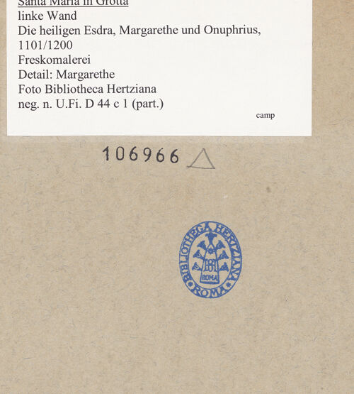 Rückseite von Bibliotheca Hertziana [https://www.deutsche-digitale-bibliothek.de/content/lizenzen/rv-fz/] Die Heiligen Esdra, Margarethe und Onuphrius - Detail: Margarethe, bh106966_recto. Foto.