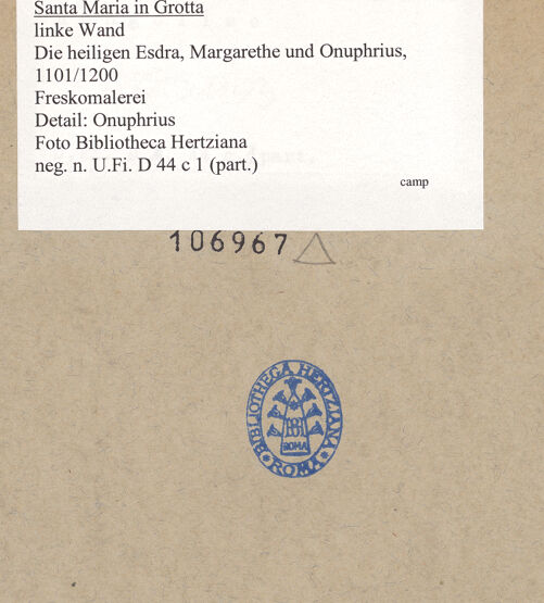Rückseite von Bibliotheca Hertziana [https://www.deutsche-digitale-bibliothek.de/content/lizenzen/rv-fz/] Die Heiligen Esdra, Margarethe und Onuphrius - Detail: Onuphrius, bh106967_recto. Foto.