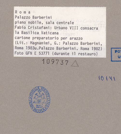 Rückseite von ICCD [https://www.deutsche-digitale-bibliothek.de/content/lizenzen/rv-ez/] Urban VIII. weiht den Petersdom - während der Restaurierung, bh109737_recto. Foto.