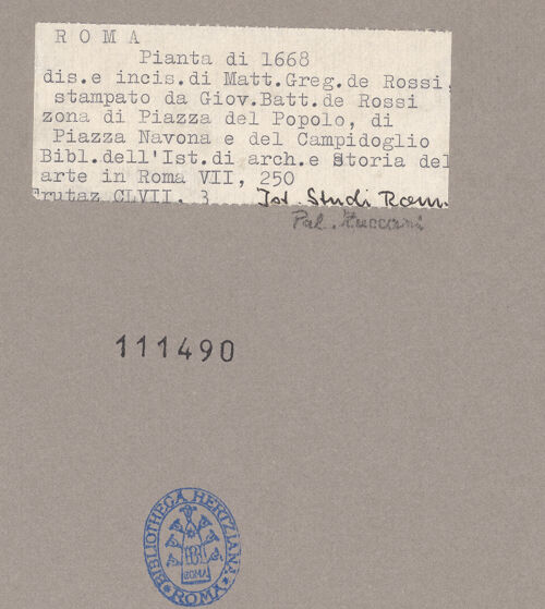 Rückseite von Istituto di Studi Romani [https://www.deutsche-digitale-bibliothek.de/content/lizenzen/rv-fz/] Dokumentation: Pläne und Grundrisse - Pianta di 1668 di Matt. Greg. de Rossi, bh111490_recto. Foto.