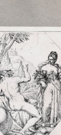 Rückseite von British Museum [https://www.deutsche-digitale-bibliothek.de/content/lizenzen/rv-ez/] Allegorische Szene, ein unbekleideter Mann zwischen zwei Frauen - , bh112130. Foto.