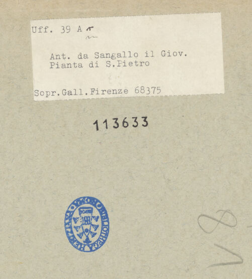 Rückseite von Sopr. BAS FI [https://www.deutsche-digitale-bibliothek.de/content/lizenzen/rv-ez/] Rom, Sankt Peter, Grundrissentwurf - , bh113633_recto. Foto.