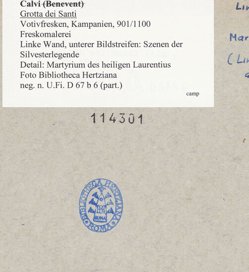 Rückseite von Bibliotheca Hertziana [https://www.deutsche-digitale-bibliothek.de/content/lizenzen/rv-fz/] VotivfreskenHeilige und Szenen der Silvesterlegende - Detail: Martyrium des heiligen Laurentius, bh114301_recto. Foto.