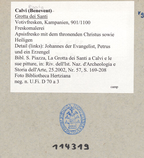 Rückseite von Bibliotheca Hertziana [https://www.deutsche-digitale-bibliothek.de/content/lizenzen/rv-fz/] VotivfreskenThronender Christus sowie Heilige - Detail (links): Johannes der Evangelist (?), Petrus und ein Erzengel, bh114319_recto. Foto.