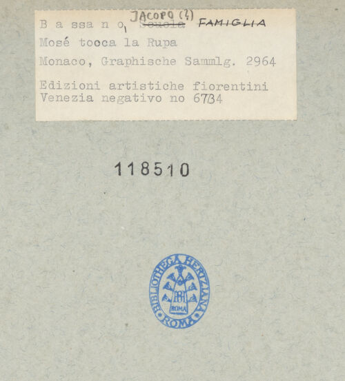 Rückseite von Edizioni artistiche fiorentini Venezia [https://www.deutsche-digitale-bibliothek.de/content/lizenzen/rv-ez/] Moses schlägt Wasser aus dem Felsen - , bh118510_recto. Foto.