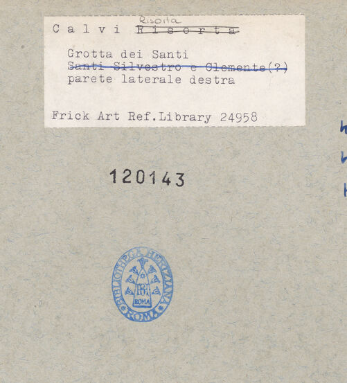 Rückseite von Frick Art Reference Library [https://www.deutsche-digitale-bibliothek.de/content/lizenzen/rv-ez/] VotivfreskenKreuzigung Christi und Heiligendarstellungen - Detail: Die heiligen Silvester mit Drachen sowie die heiligen Clemens und Caecilia, bh120143_recto. Foto.