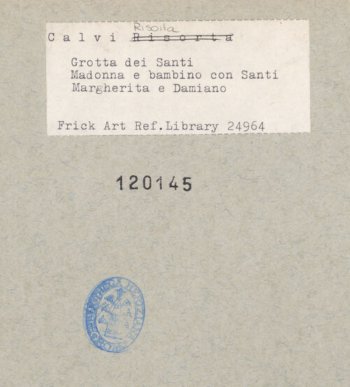 Rückseite von Frick Art Reference Library [https://www.deutsche-digitale-bibliothek.de/content/lizenzen/rv-ez/] VotivfreskenFünf Heilige in Medaillonfeldern sowie die heiligen Margarethe und Damianus mit der Madonna - Gesamtansicht, bh120145_recto. Foto.