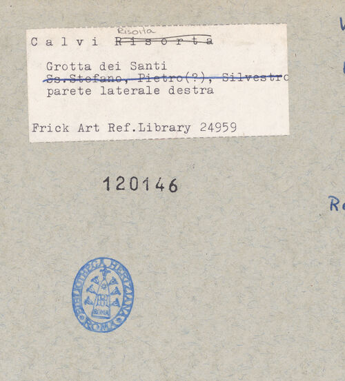 Rückseite von Frick Art Reference Library [https://www.deutsche-digitale-bibliothek.de/content/lizenzen/rv-ez/] VotivfreskenKreuzigung Christi und Heiligendarstellungen - Detail: Die heiligen Clemens, Caecilia und Simon und Silvester, bh120146_recto. Foto.