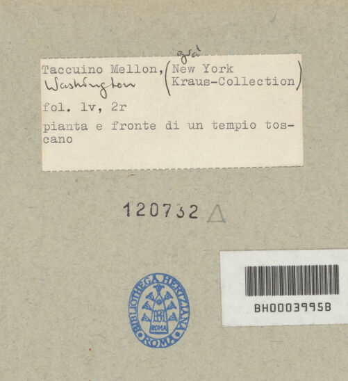 Rückseite von Mellon? [https://www.deutsche-digitale-bibliothek.de/content/lizenzen/rv-ez/] Codex Mellon (Sketchbook of Menicantonio)partielle Frontansicht eines toskanischen Tempels und Grundriss eines Tempels - , bh120732_recto. Foto.