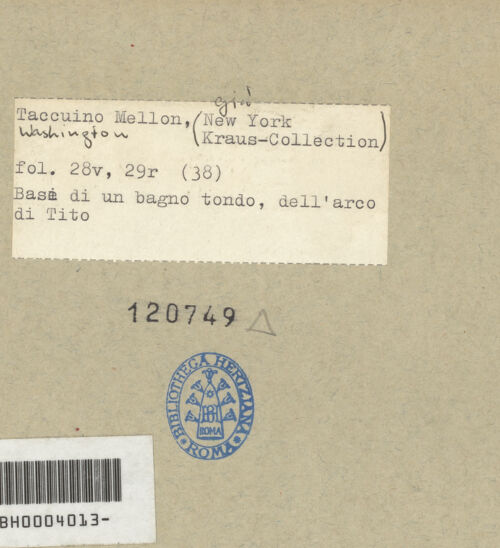 Rückseite von Mellon? [https://www.deutsche-digitale-bibliothek.de/content/lizenzen/rv-ez/] Codex Mellon (Sketchbook of Menicantonio)Basis und Gebälk des Titusbogens und drei Schmuckbasen - , bh120749_recto. Foto.