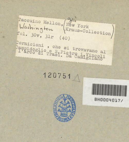 Rückseite von Mellon? [https://www.deutsche-digitale-bibliothek.de/content/lizenzen/rv-ez/] Codex Mellon (Sketchbook of Menicantonio)Gebälke vom Kapitol und San Pietro in Vincoli und Gebälk des Konstantinbogens und Gesims und Architrav des Camillus-Bogens - , bh120751_recto. Foto.